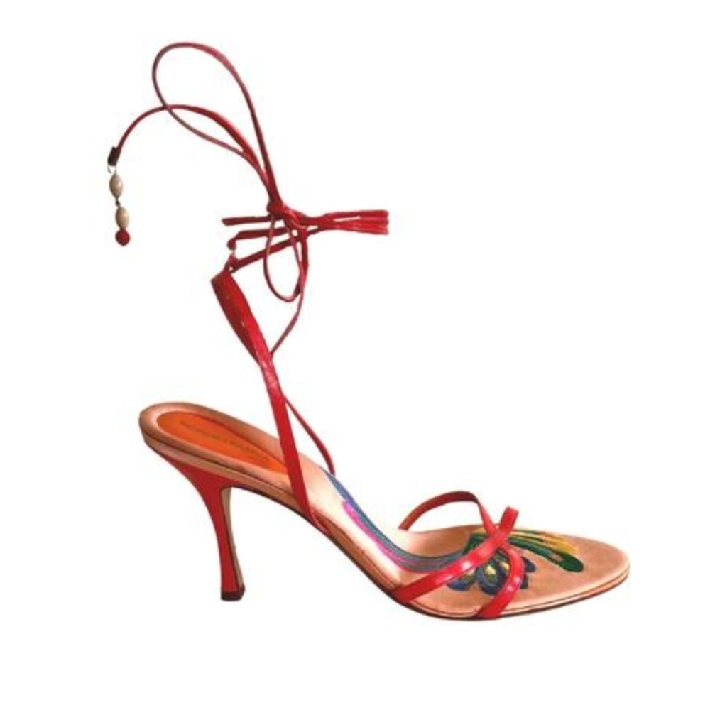 BGBG MAXAZRIA Orange Leather Embroidered 3" Strappy Heels Size 7/37